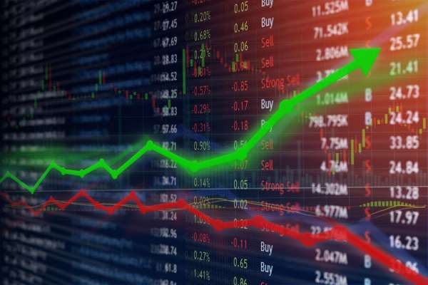stock data edited with red and green trend lines on top